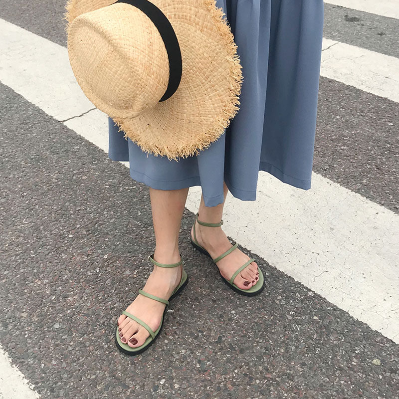 脚衫凉鞋女2023年新款百搭圆头细带露趾极简平底夏季一字带凉鞋女