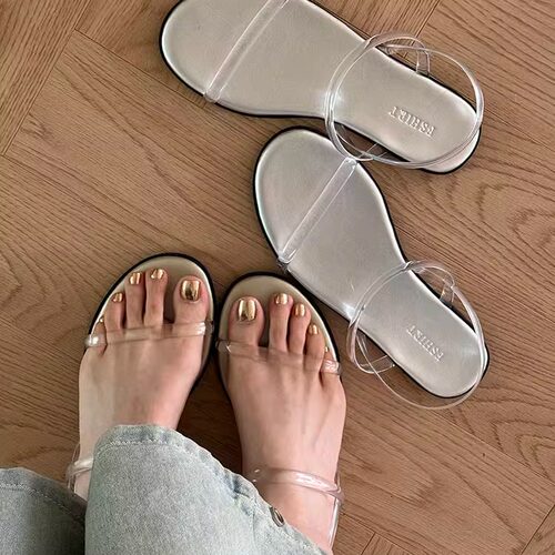 脚衫 新颜色凉鞋女夏ins简约透明带平底一字带凉鞋女