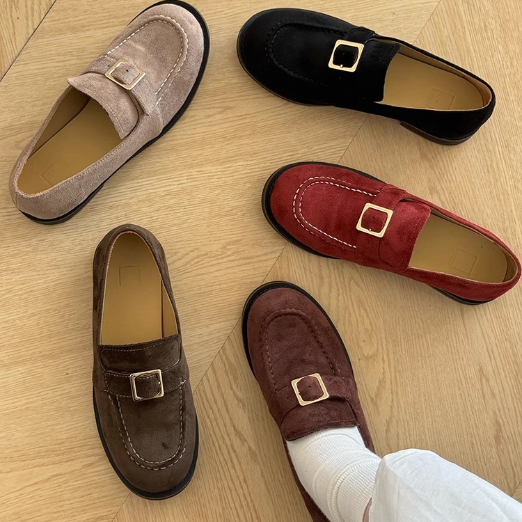 脚衫 自制新款小众设计乐福鞋复古方扣小皮鞋