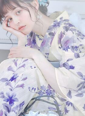 日单浴衣日本传统款和服YUKATA少女女士连衣裙紫色系水墨花米色底