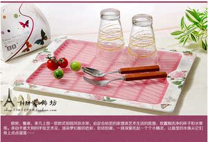 包邮欧式田园玫瑰花创意水杯置物托盘大茶盘塑料沥水盘密胺水果盘