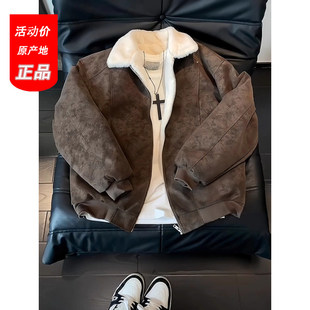 美拉德羊羔绒棉服男款冬季加绒加厚保暖棉衣美式PU皮工装夹克外套