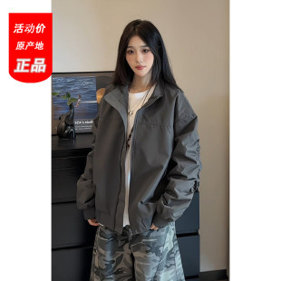 美式灰色立领飞行夹克男秋季廓形短款情侣外套户外三防软壳冲锋衣