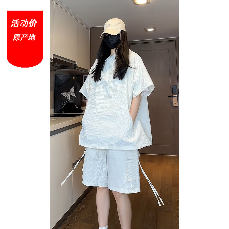 白色连帽短袖t恤男装高级感穿搭套装夏季小众宽松T恤大码工装短裤图片