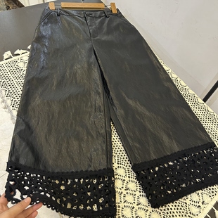 高腰蛋白皮花边蕾丝阔腿九分皮裤 气质款 女 南油欧洲站 折