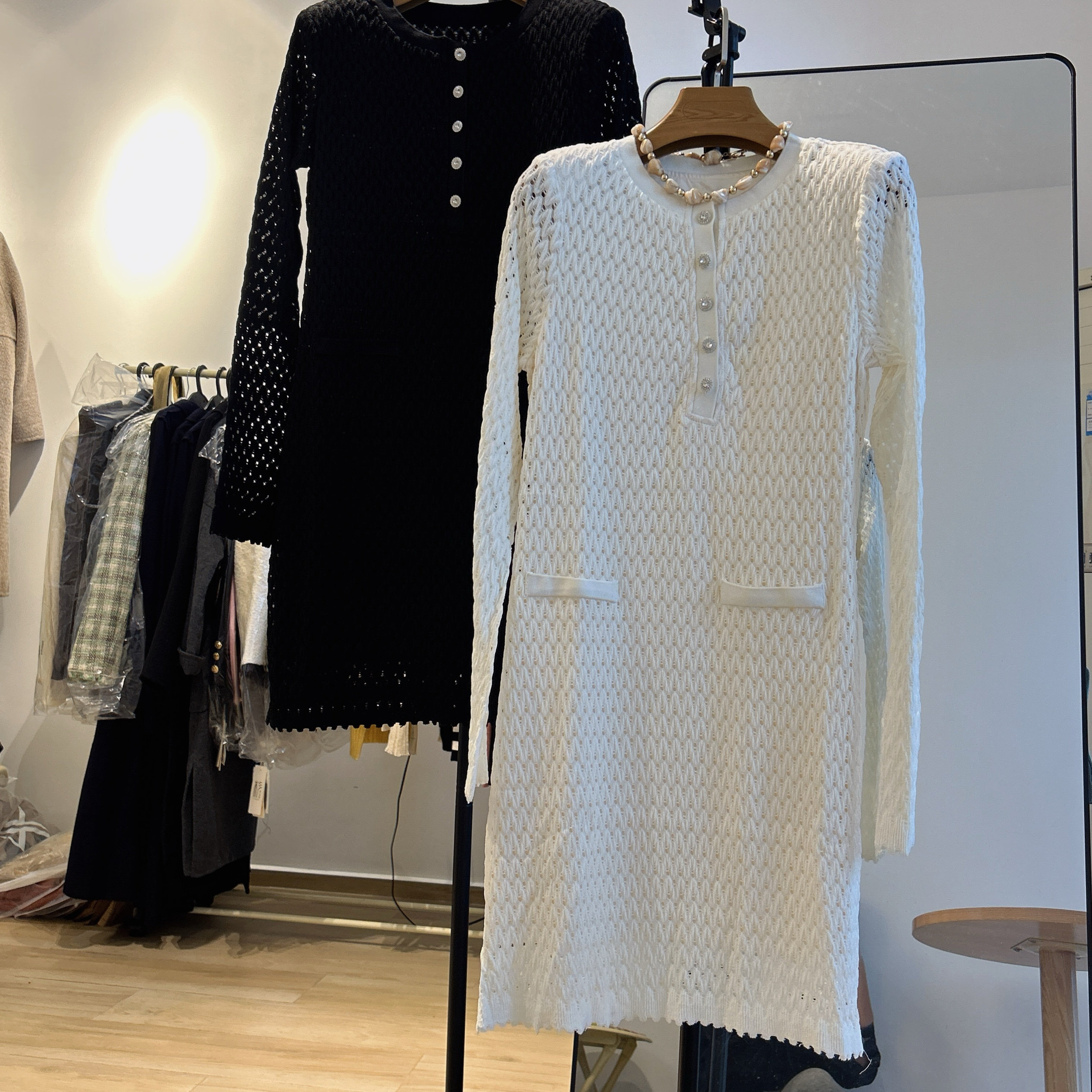 小香风2025春夏新款重工镂空圆领长袖针织两件套连衣裙气质短裙