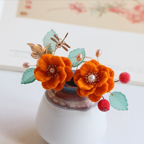 海棠花间原创手作 植绒花发钗发簪汉服头饰发冠旗袍古风古装配饰 - 封面