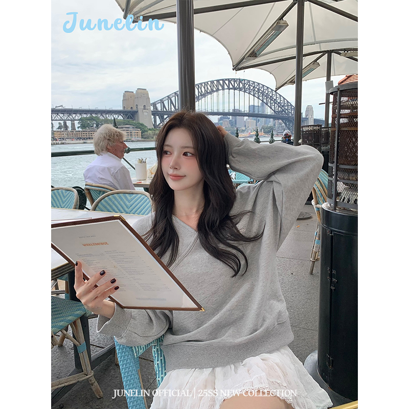 六月林 韩国博主同款ins风松弛感纯色卫衣交叉设计别致时尚高级