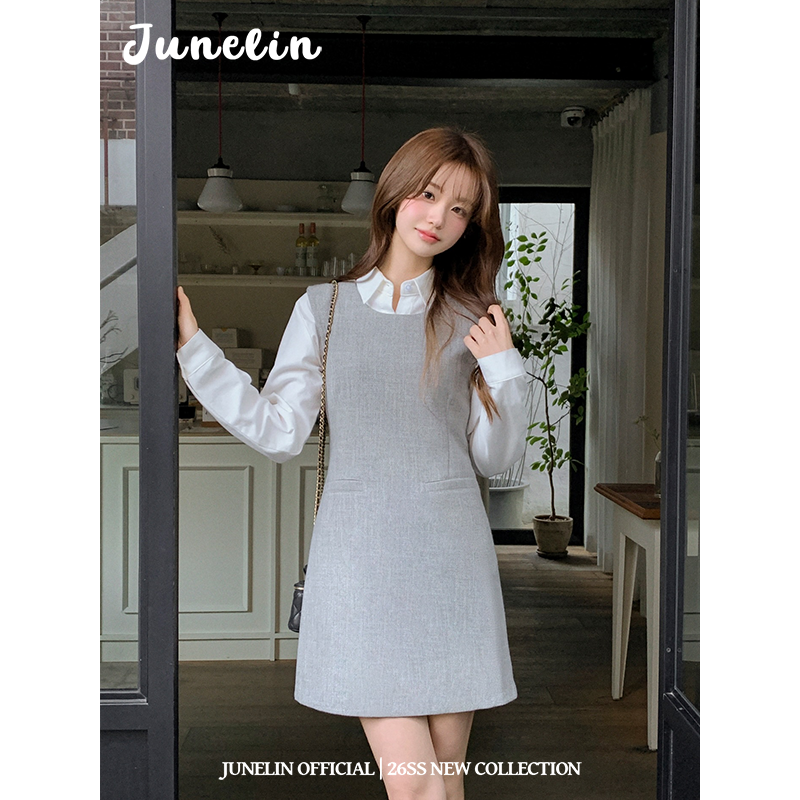六月林 韩系通勤高智感收腰背心连衣裙叠穿衬衫两件套气质高级感