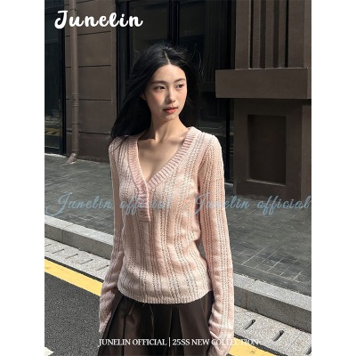 六月林 韩版淡粉色V领针织衫纽扣修身百搭气质时尚上衣修身显瘦女