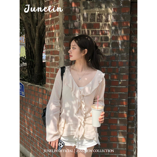 荷叶边V领简约气质宽松舒适长袖 雪纺衬衫 女 韩国博主同款 六月林