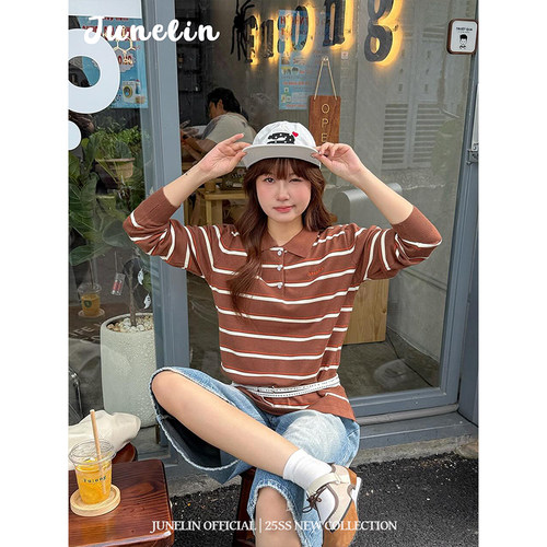 六月林 韩国博主同款复古百搭宽松时尚休闲撞色POLO条纹针织上衣