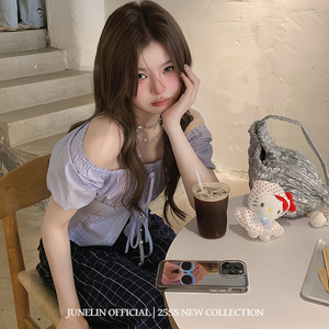 六月林 韩国博主美拉蓝穿搭蓝色短袖蝴蝶结衬衫女夏季方领上衣