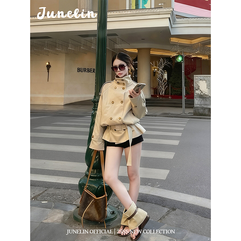 六月林 法式清冷高智风复古优雅立领双排扣风衣外套绑带收腰显瘦