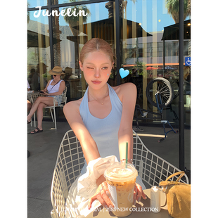 显瘦内搭上衣 蓝色挂脖吊带背心女修身 六月林 韩国博主同款