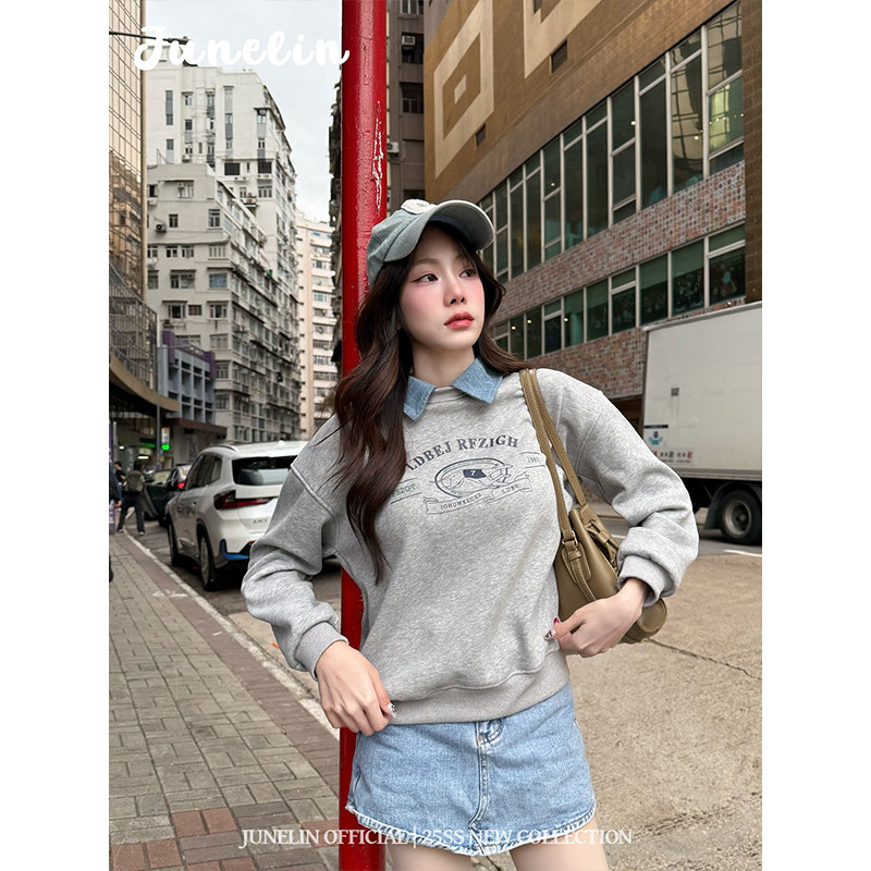 六月林 美式复古减龄日常通勤假两件牛仔polo领印花卫衣休闲百搭,女装/女士精品,大码内搭,淘宝优惠券,粉丝福利购,淘宝优惠卷