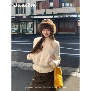 六月林 2025新款韩系温婉优雅气质拼接短款羊羔毛拉链立领外套女