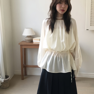百搭纯色简约宽松上衣 温柔气质系带收腰长袖 六月林 韩国博主同款