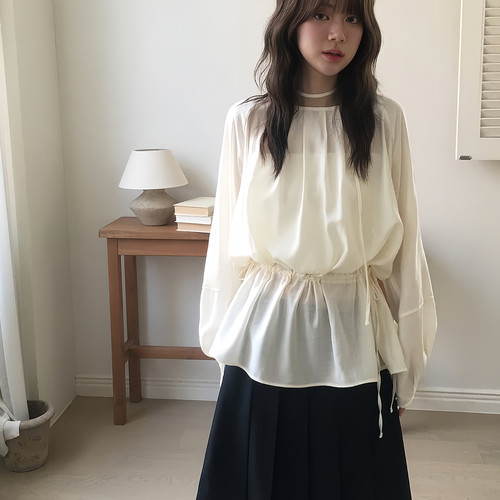 六月林 韩国博主同款温柔气质系带收腰长袖百搭纯色简约宽松上衣