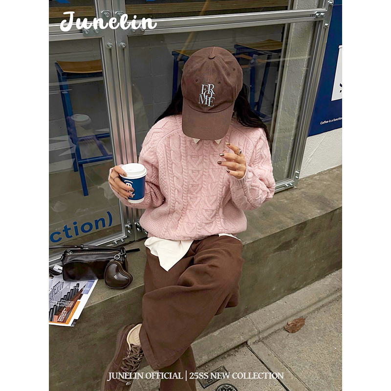 六月林 2025新款韩版温柔甜美慵懒风粉色麻花针织毛衣小个子百搭