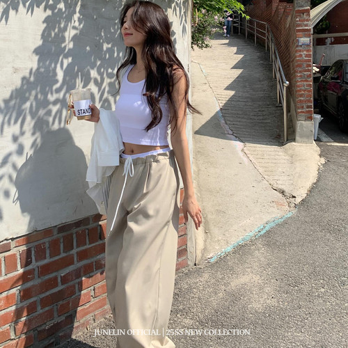 六月林 韩国博主同款撞色系带宽松显瘦休闲百搭阔腿裤女装夏长裤