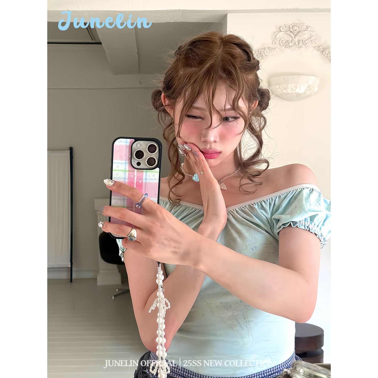 六月 林韩国博主同款薄荷绿一字肩短袖T恤女修身显瘦短款上衣