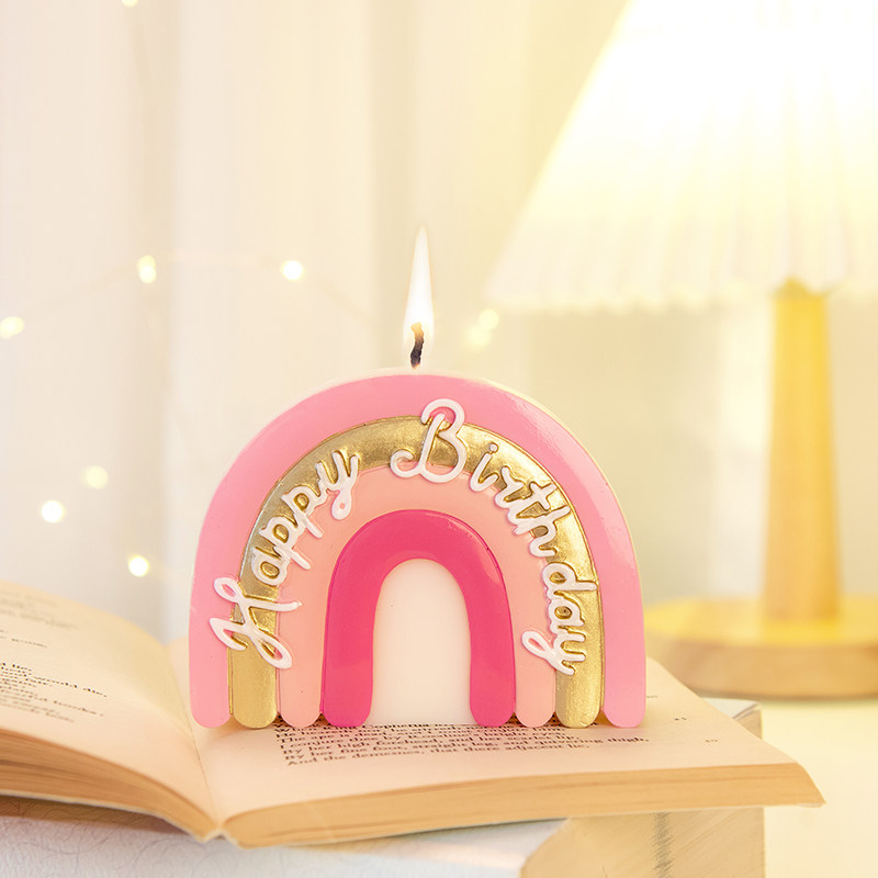 彩虹生日快乐happybirthday蜡烛宝宝周岁粉色字母蛋糕装饰摆件