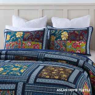 外贸原单出口高端纯棉美式乡村手工绗缝被拼布床盖绗缝被三件套