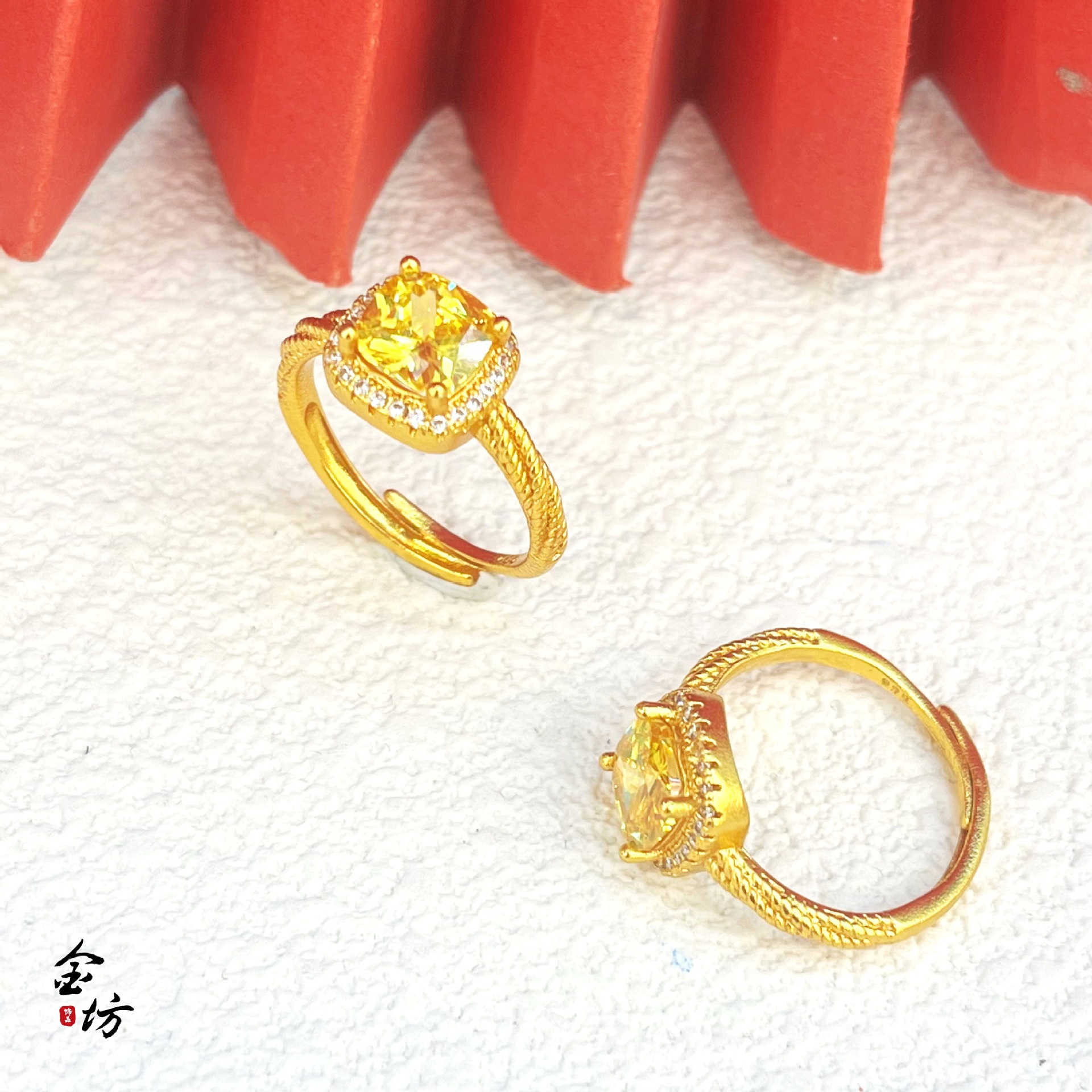 金店同款古法沙金999小方糖戒指国潮风女镶钻女饰品时尚百搭包邮