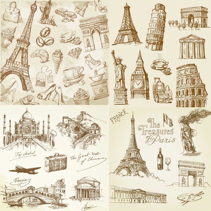 手绘线描巴黎铁塔矢量素材 复古线描矢量素材 欧式建筑矢量素材