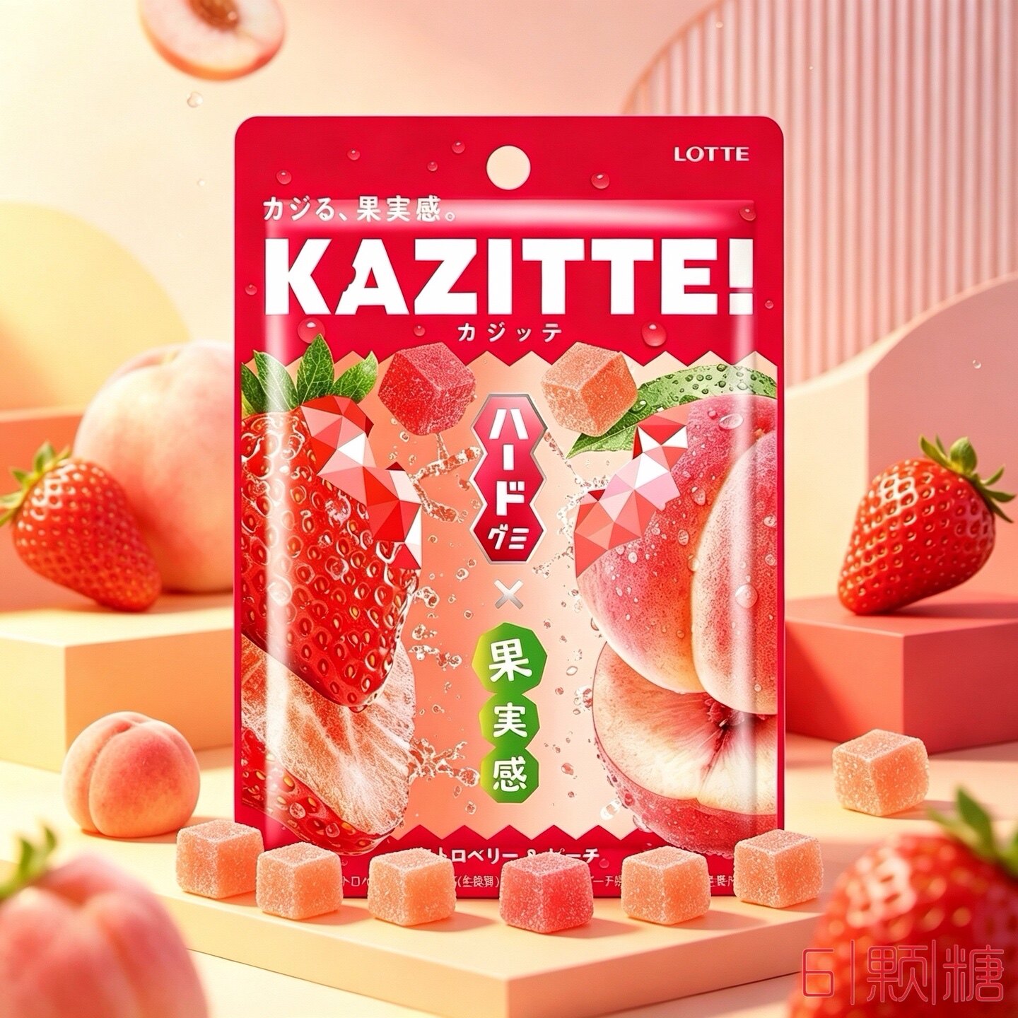 日本进口零食LOTTE乐天软糖KAZITTE高弹力草莓白桃葡萄味酸沙糖果