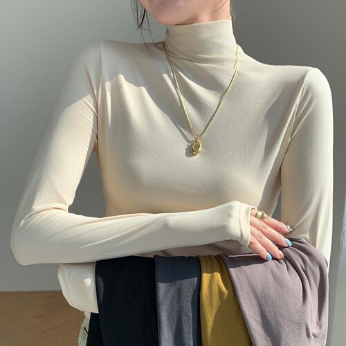 H528半高领面膜衫女内搭秋冬磨毛打底衫修身保暖外穿长袖T恤上衣