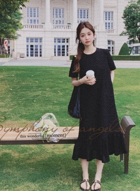 Meliss LazyA字裙印花宽松腰套头聚酯纤维18-24周岁连衣裙纯色