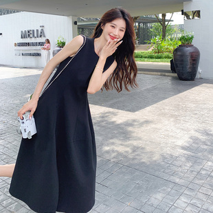 流行法式 黑色无袖 连衣裙女2024夏季 新款 浪漫高级感显瘦开叉小黑裙