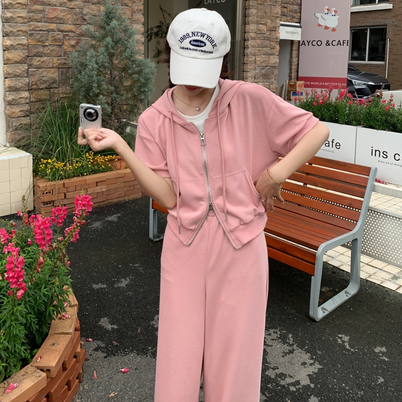 2025新款女装夏款休闲短袖连帽卫衣开衫两件套高腰阔腿裤运动套装