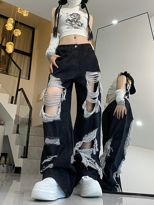 K234-P48黑色破洞牛仔裤女夏显瘦辣妹设计感阔腿直筒拖地长裤-封面