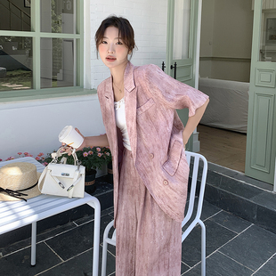 短袖 女2024夏季 新款 两件套 西服高腰阔腿长裤 西装 粉色复古薄款 套装