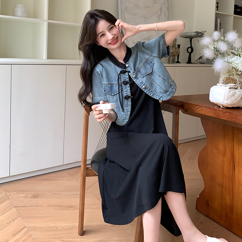 【新品现货】2024新款女装新中式牛仔两件套连衣裙266-P135-K185