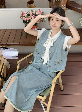 2024夏新款马甲衬衫半身裙毛边设计感三件套