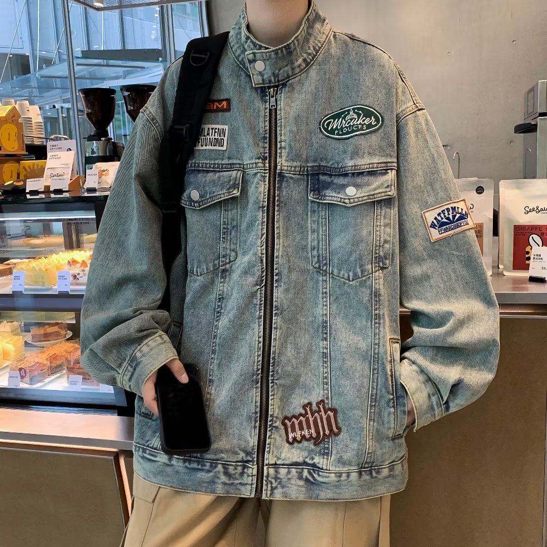 美式复古牛仔外套男女水洗做旧工装夹克vintage立领机车服