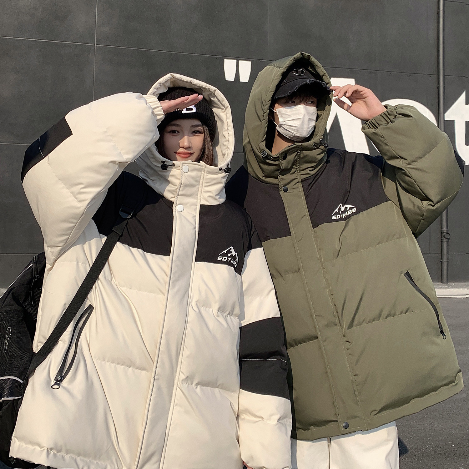 EQ330 拼接撞色连帽冬季加厚棉衣外套男女情侣装面包服2023新款