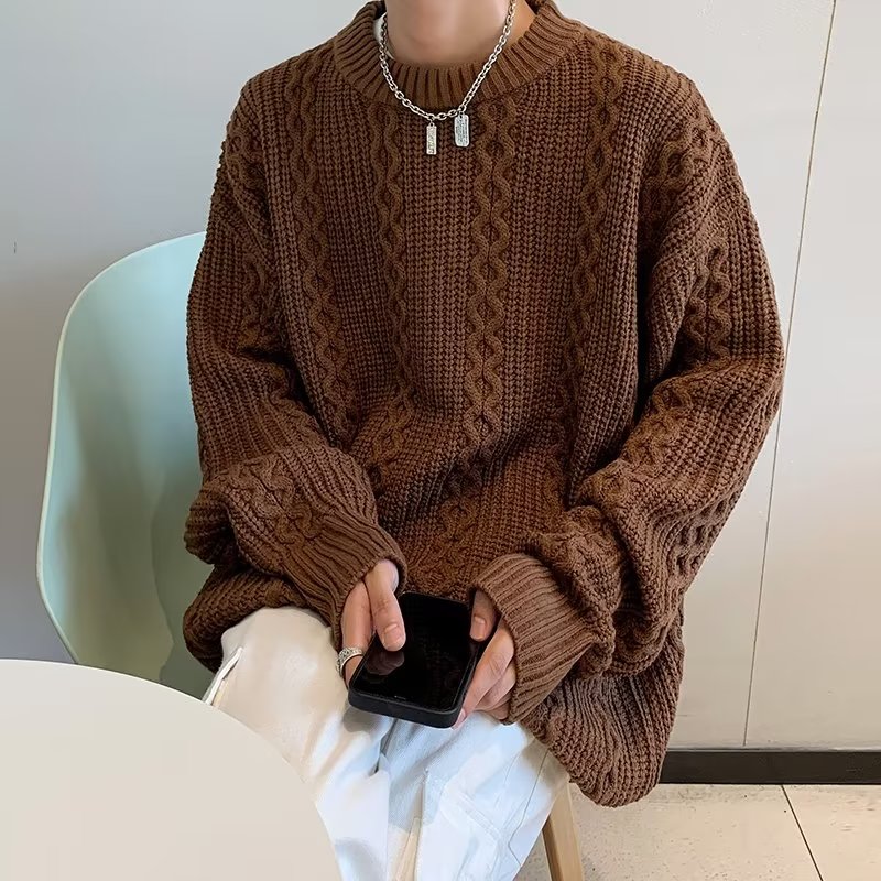 麻花毛衣男秋冬款慵懒风宽松休闲圆领针织衫线衣情侣装外套 M1