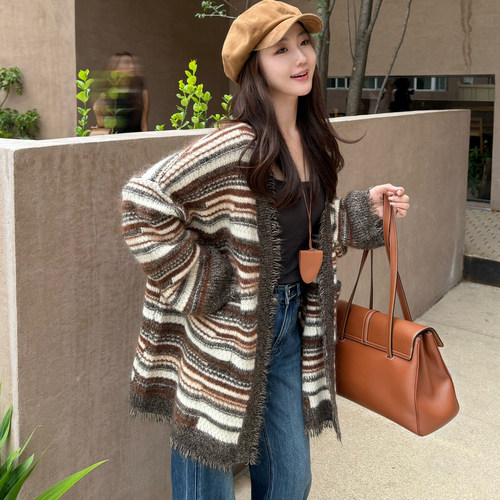 复古费尔岛慵懒大毛衣外套马海毛