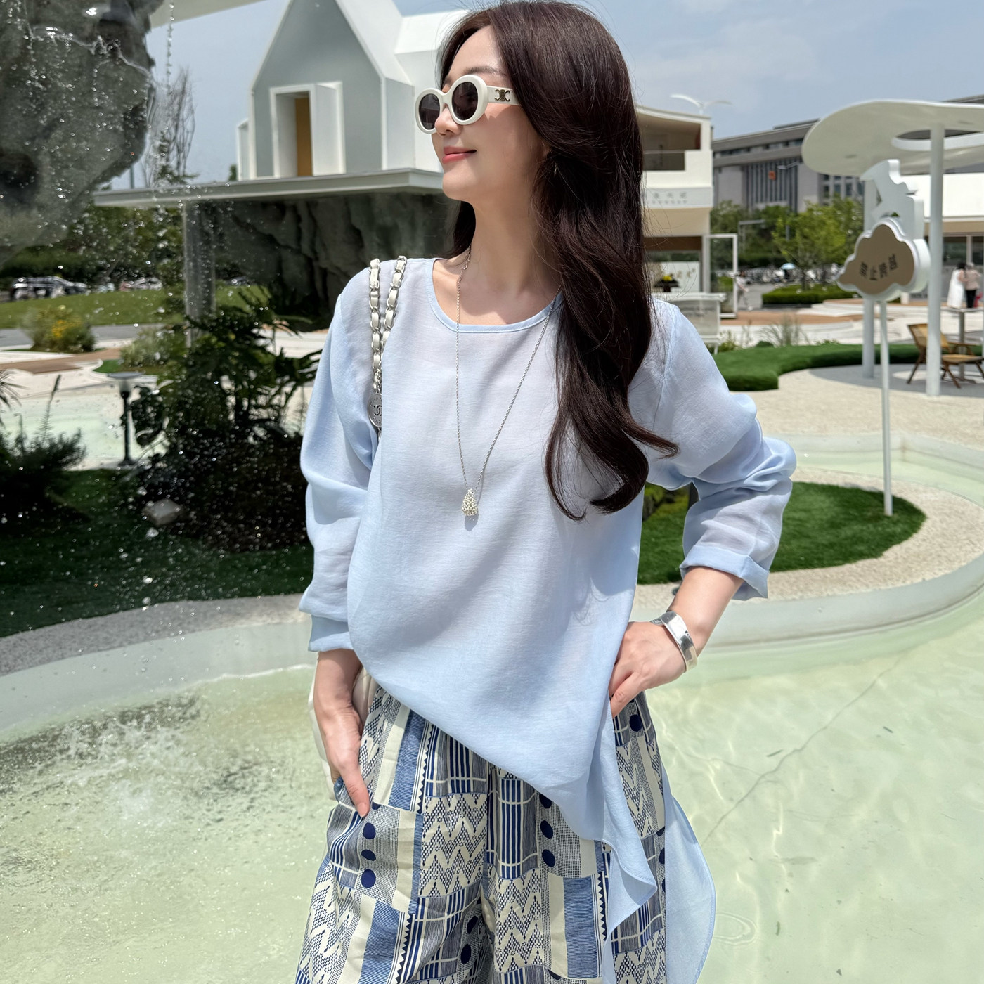 精致松弛感 轻薄天丝飘带衬衫显瘦洋气圆领套头衬衣设计感上衣夏