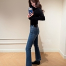 女 弹力显瘦加绒高腰复古微喇叭九分牛仔裤 曹大曼 时髦显腿直修身