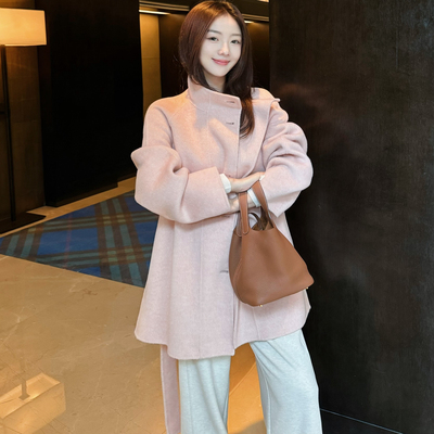 温柔粉色天丝羊绒双面呢羊毛大衣