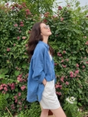 MANMANS法式 薄苎麻宽松防晒衬衣尼斯蓝色衬衣棉麻女 松弛感衬衫