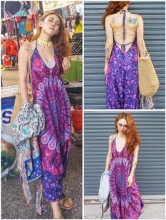 波西米亚沙滩瑜伽大裆裤 罗大娘泰酷辣露背连体长裤 吊带度假背带裤