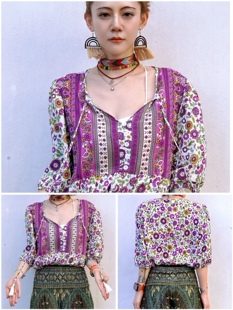 罗大娘人棉度假民族风碎花衬衫泰国海岛沙滩罩衫宽松复古流苏衬衣