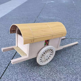 农家院用品木制微型马车马拉轿子车模型 古代带篷车装饰品摆件